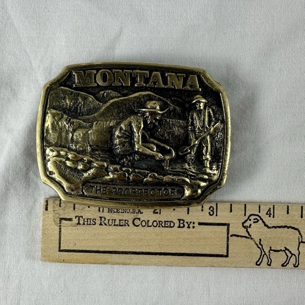 VTG Montana PROSPECTOR BELT  BUCKLE VINTAGE Solid Brass 1979 Bob Scriver
